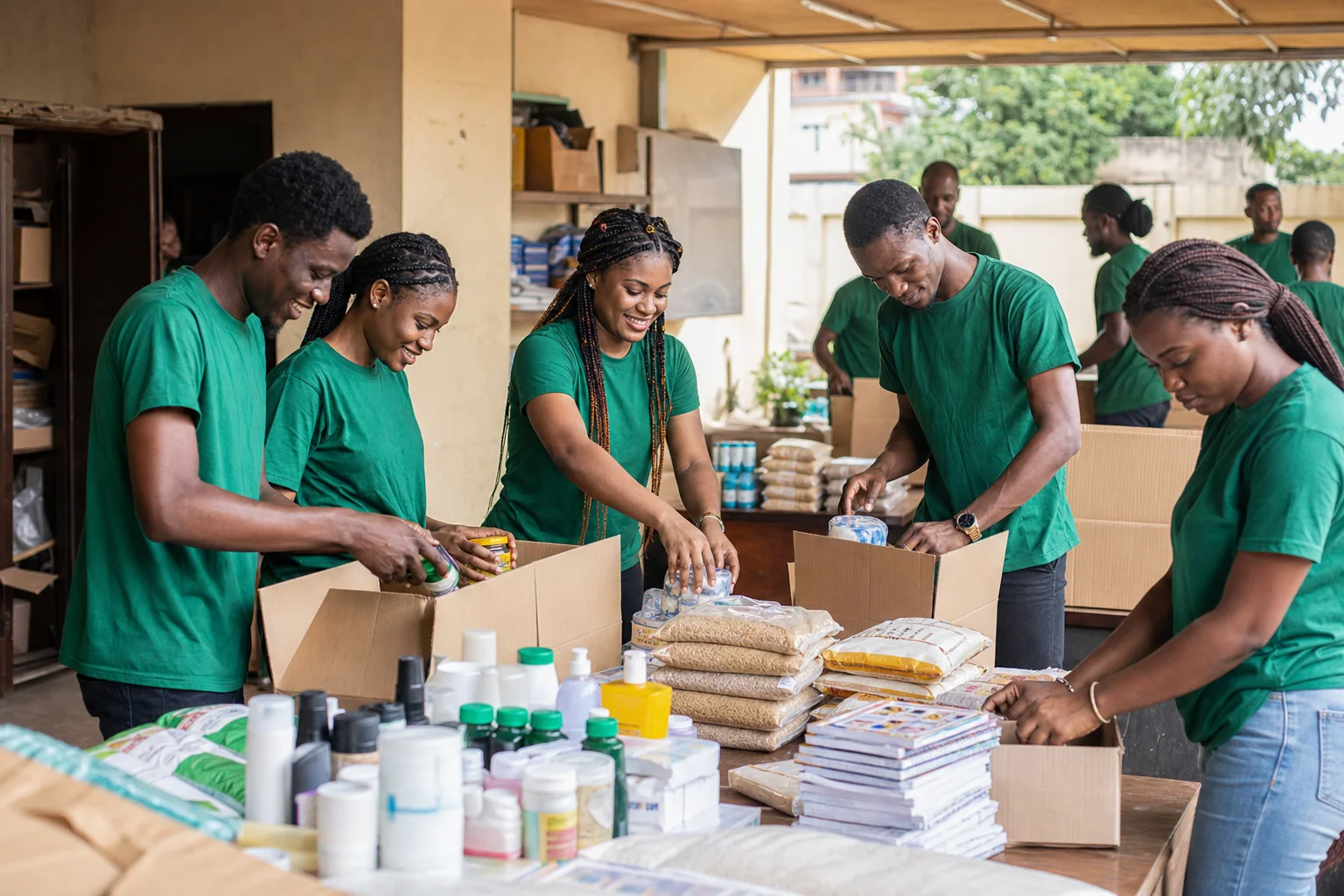 Nigerian volunteers preparing relief supplies for a Saintlammy Foundation outreach